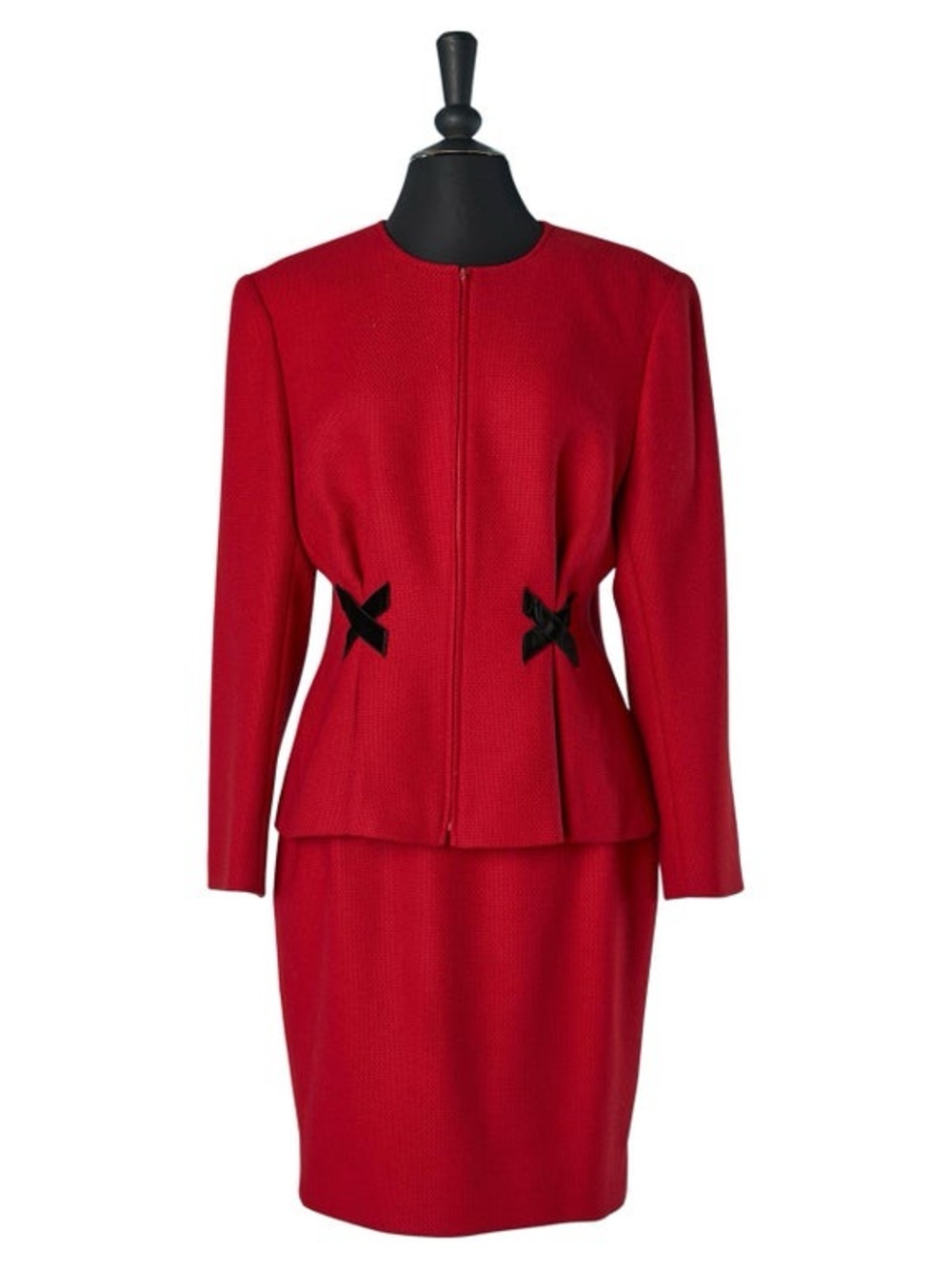 Valentino Miss V Vintage RARE Wool 2 Piece Skirt Suit Black Velvet Details IT 46